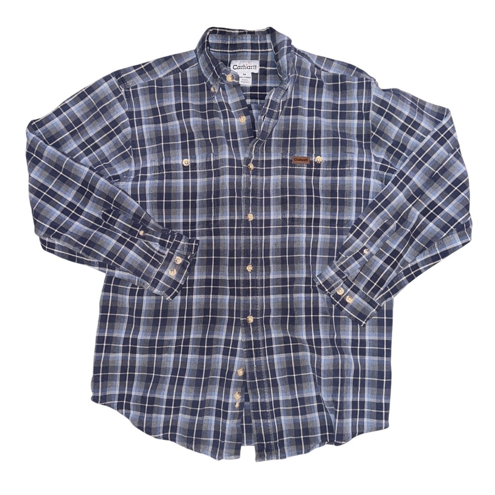 Carhartt Mens Medium Blue Grey Plaid Long Sleeve Cotton Button Down Work Shirt